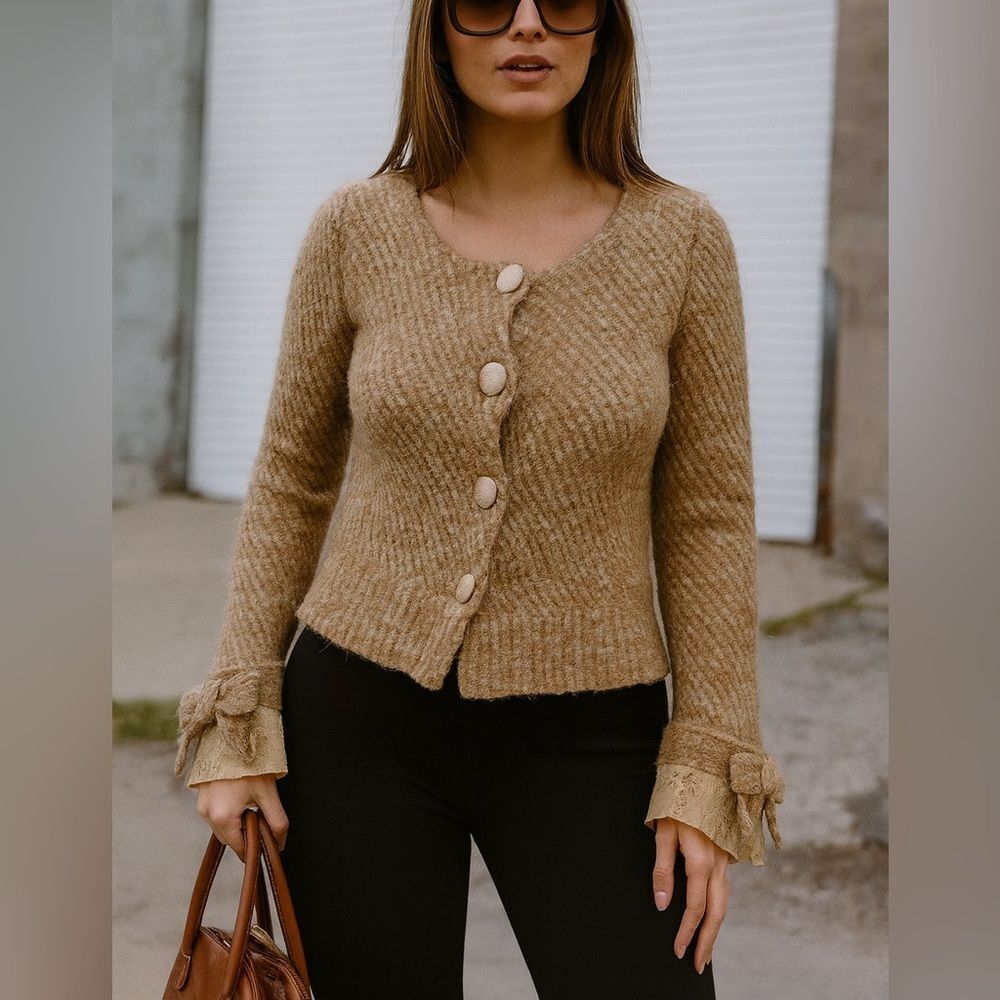 Moth Anthropologie Wool Button Front Long Sleeve Sweater Jacket Lace Trim Sz M